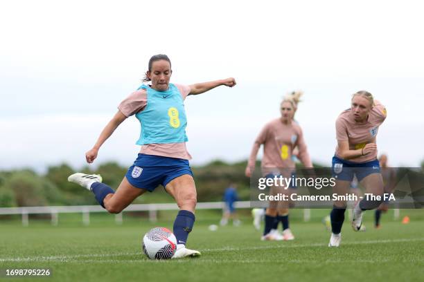 Lucy Staniforth and Katie Robinson of England battles for possession during a training session at The Academy of Light on September 24, 2023 in...