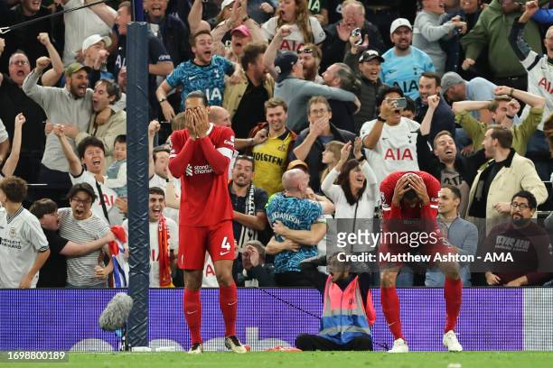 Dejected Virgil van Dijk after Joel Matip of Liverpool scored an own goal in the 96th minute to make it 2-1during the Premier League match between...