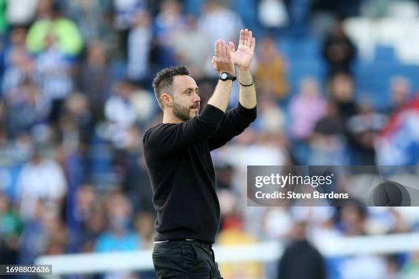 Roberto De Zerbi, Manager of Brighton & Hove Albion, applauds the fans after the team's victory in the Premier League match between Brighton & Hove...
