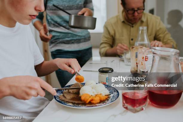 a sunday dinner scene - a family eats dinner together - social grace stock pictures, royalty-free photos & images