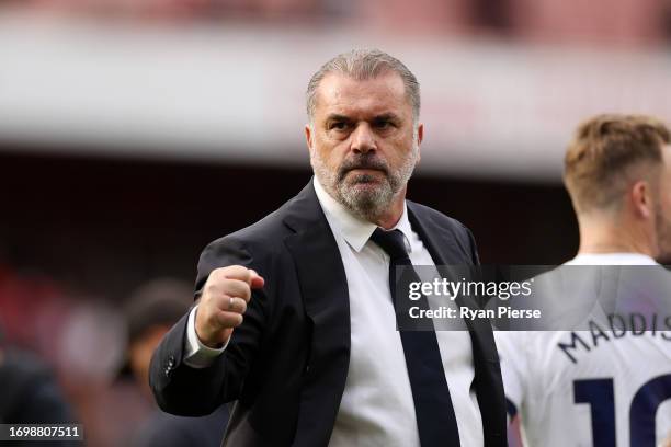 Ange Postecoglou, Manager of Tottenham Hotspur, acknowledges the fans after the Premier League match between Arsenal FC and Tottenham Hotspur at...