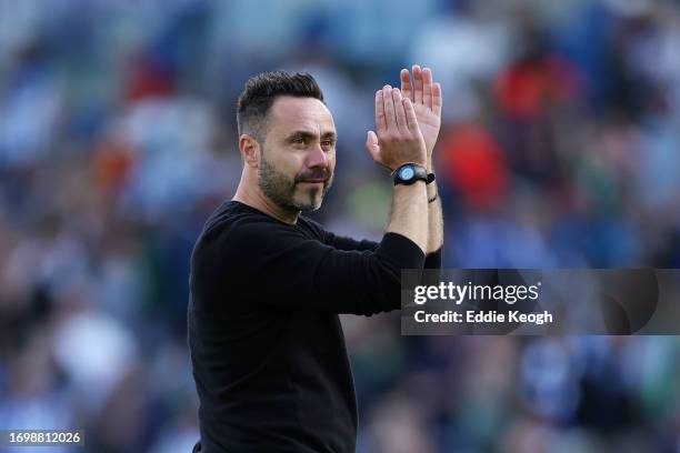 Roberto De Zerbi, Manager of Brighton & Hove Albion, applauds the fans after the team's victory in the Premier League match between Brighton & Hove...