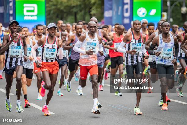 Eliud Kipchoge from Kenya right after the start with pace runners during the 2023 BMW Berlin-Marathon on September 24, 2023 in Berlin, Germany.