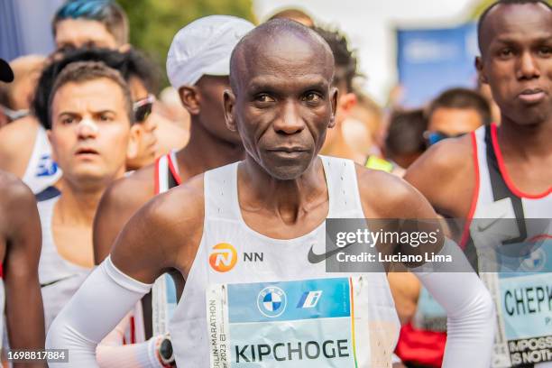 Eliud Kipchoge from Kenya concentrated at the starting line before the 2023 BMW Berlin-Marathon on September 24, 2023 in Berlin, Germany.