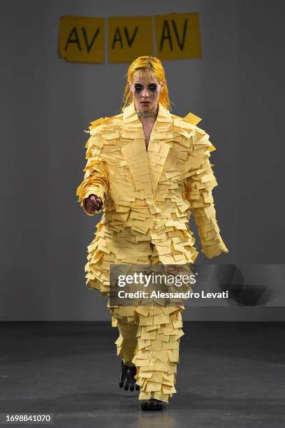 Model walks the runway at the Avavav fashion show during the Milan Fashion Week Womenswear Spring/Summer 2024 on September 24, 2023 in Milan, Italy.