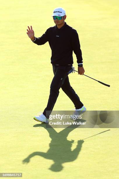 Ryo Hisatsune of Japan reacts as he walks onto the 18th green during Day Four of the Cazoo Open de France at Le Golf National on September 24, 2023...