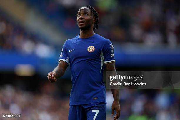 Raheem Sterling of Chelsea in action during the Premier League match between Chelsea FC and Aston Villa at Stamford Bridge on September 24, 2023 in...