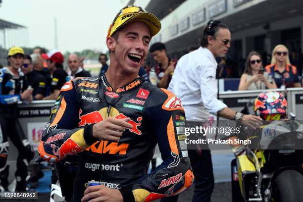 Moto2 rider Pedro Acosta of Spain and Red Bull KTM Ajo celebrates during the Race of the MotoGP IndianOil Grand Prix of India at Buddh International...