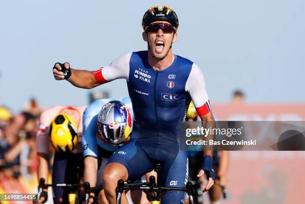 Christophe Laporte of France celebrates at finish line as race winner during the 29th UEC Road Cycling European Championships 2023 - Elite Men´s Road...