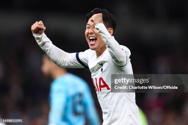 Son Heung-Min of Tottenham Hotspur celebrates their victory during the Premier League match between Tottenham Hotspur and Liverpool FC at Tottenham...