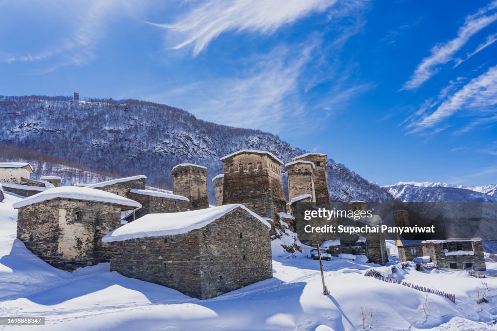 Sunny day of Ushguli village in winter season
