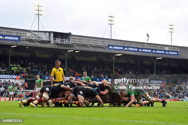 General view of a scrum during the Premiership Rugby Cup match between Leicester Tigers and Ampthill Rugby at Mattioli Woods Welford Road Stadium on...