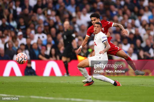 Luis Diaz of Liverpool scores a goal, incorrectly ruled offside and disallowed during the Premier League match between Tottenham Hotspur and...
