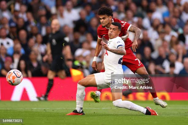 Luis Diaz of Liverpool scores a goal, incorrectly ruled offside and disallowed during the Premier League match between Tottenham Hotspur and...