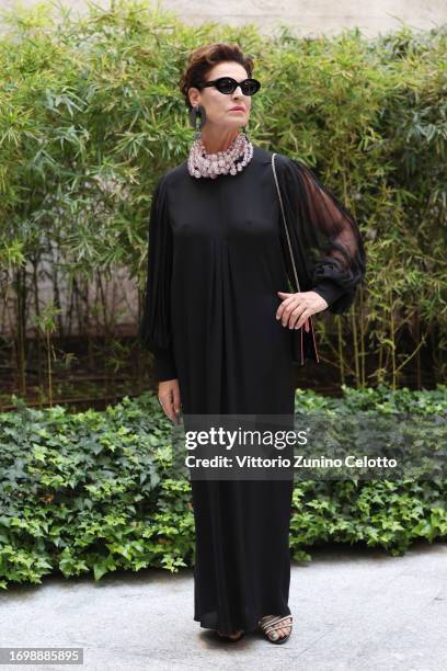 Antonia Dell'Atte ahead of the Giorgio Armani fashion show during the Milan Fashion Week Womenswear Spring/Summer 2024 on September 24, 2023 in...