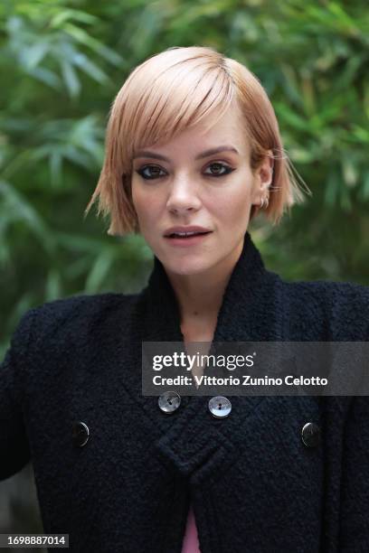 Lily Allen ahead of the Giorgio Armani fashion show during the Milan Fashion Week Womenswear Spring/Summer 2024 on September 24, 2023 in Milan, Italy.