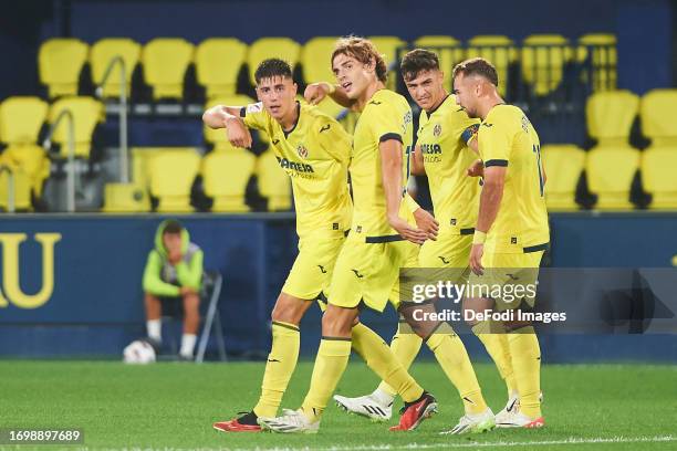 Dani Requena of Villarreal CF celebrates after scoring his team's first goal during the LaLiga Hypermotion match between Villarreal B and AD Alcorcon...