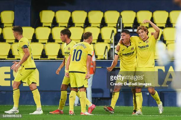 Dani Requena of Villarreal CF celebrates after scoring his team's first goal during the LaLiga Hypermotion match between Villarreal B and AD Alcorcon...