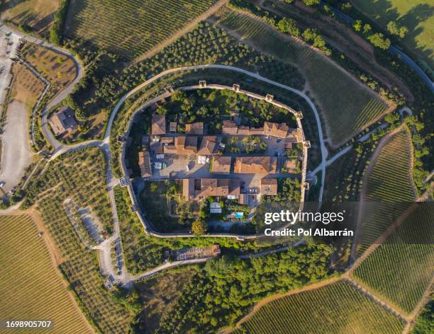 aerial view of monteriggioni, a medieval town on the hill in tuscany, italy - place of italy stock pictures, royalty-free photos & images