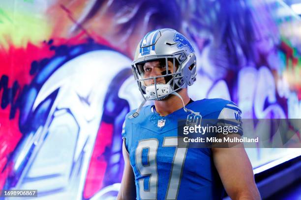 Aidan Hutchinson of the Detroit Lions looks on prior to a game against the Atlanta Falcons at Ford Field on September 24, 2023 in Detroit, Michigan.