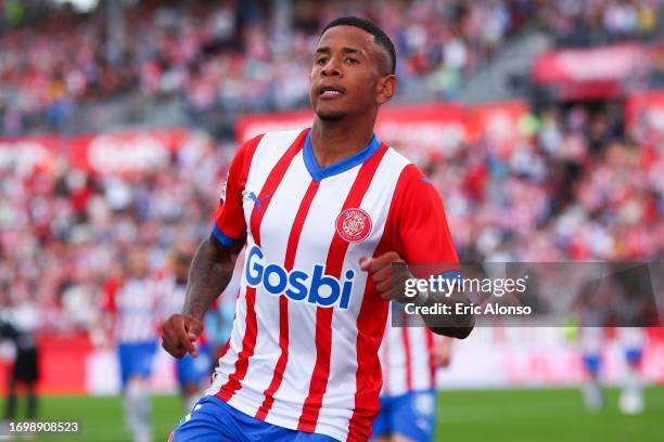 Savio of Girona FC celebrates after scoring the team's fifth goal during the LaLiga EA Sports match between Girona FC and RCD Mallorca at Montilivi...