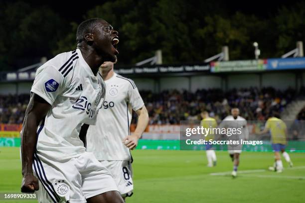 Brian Brobbey of Ajax celebrates 0-1 during the Dutch Eredivisie match between RKC Waalwijk v Ajax at the Mandemakers Stadium on September 30, 2023...