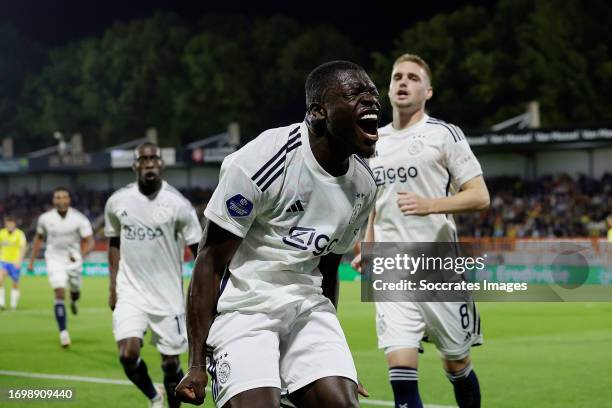 Brian Brobbey of Ajax celebrates 0-1 during the Dutch Eredivisie match between RKC Waalwijk v Ajax at the Mandemakers Stadium on September 30, 2023...