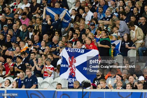 Scotland fans during a Rugby World Cup match between Scotland and Romania at the Stade Pierre Mauroy, on September 30 in Lille, France.