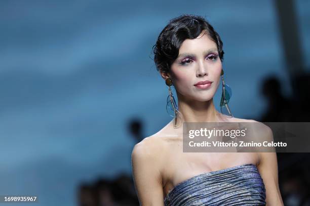 Model walks the runway at the Giorgio Armani fashion show during the Milan Fashion Week Womenswear Spring/Summer 2024 on September 24, 2023 in Milan,...