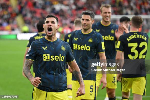 Bruno Guimaraes of Newcastle United celebrates after scoring the team's seventh goal during the Premier League match between Sheffield United and...