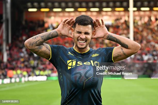 Bruno Guimaraes of Newcastle United celebrates after scoring the team's seventh goal during the Premier League match between Sheffield United and...