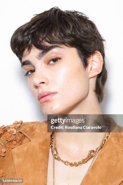 Model backstage ahead of the Ermanno Scervino fashion show during the Milan Fashion Week Womenswear Spring/Summer 2024 on September 23, 2023 in...