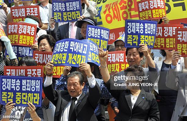 Some 200 South Korean conservative activists from the Korea Freedom Federation stage an anti-Pyongyang protest in Seoul on June 4, 2013 over the...