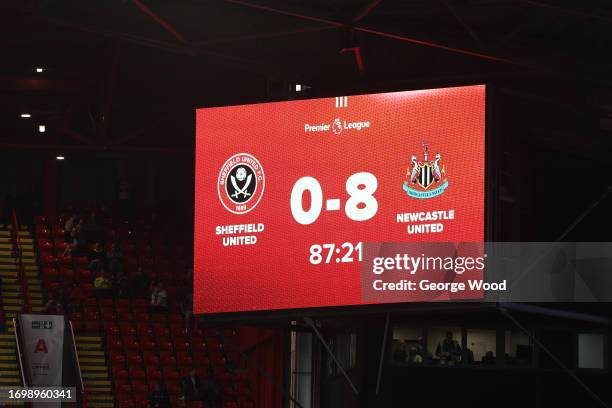 The LED board shows the 0-8 scoreline during the Premier League match between Sheffield United and Newcastle United at Bramall Lane on September 24,...