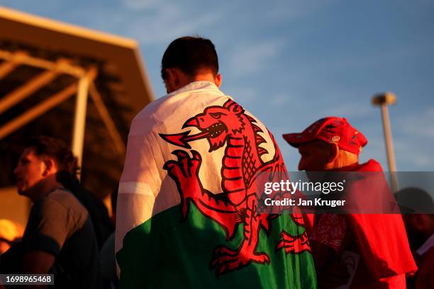 Fans of Wales arrive outside the stadium prior to the Rugby World Cup France 2023 match between Wales and Australia at Parc Olympique on September...