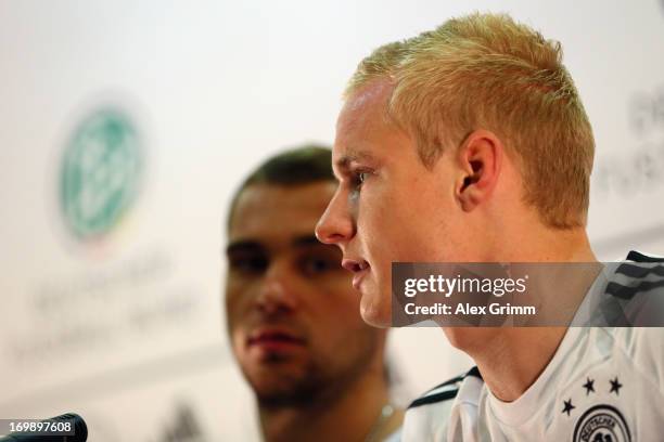 Sebastian Rode and Pierre-Michel Lasogga attend a Germany U21 press conference at Marina Hotel on June 4, 2013 in Tel Aviv, Israel.