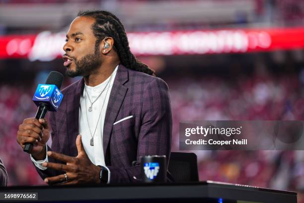 Richard Sherman on set of the Amazon Prime Thursday Night Football half time show during at Levi's Stadium on September 21, 2023 in Santa Clara,...