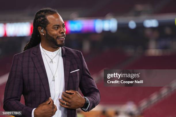 Richard Sherman on set of the Big Quiz post game show after at Levi's Stadium on September 21, 2023 in Santa Clara, California.