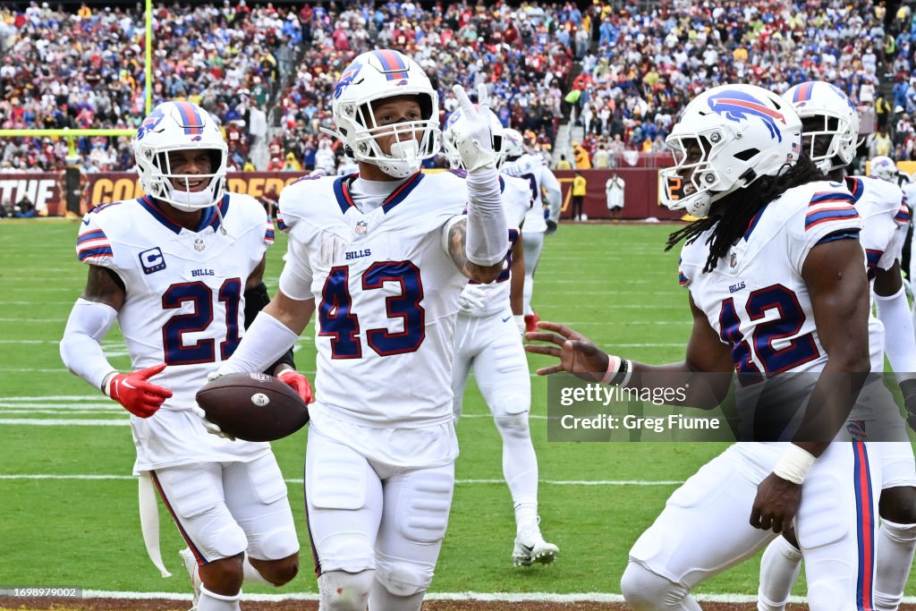 Commanders Interception Terrel Bernard of the Buffalo Bills celebrates his interception... News ...