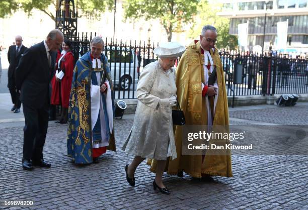 Queen Elizabeth II arrives with Prince Philip, Duke of Edinburgh and Dean of Westminster, The Very Reverend Dr John Hall for a celebration to mark...