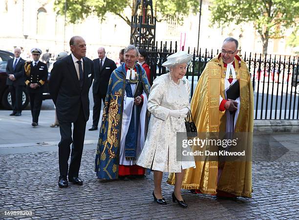 Queen Elizabeth II arrives with Prince Philip, Duke of Edinburgh and Dean of Westminster, The Very Reverend Dr John Hall for a celebration to mark...