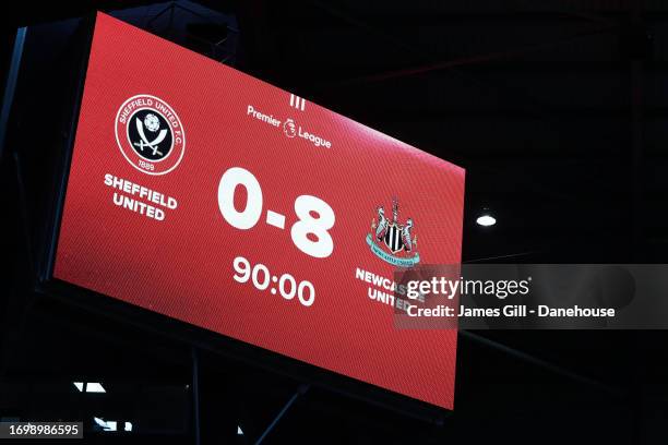 The scoreboard reads 0-8 to Newcastle United at 90 minutes during the Premier League match between Sheffield United and Newcastle United at Bramall...