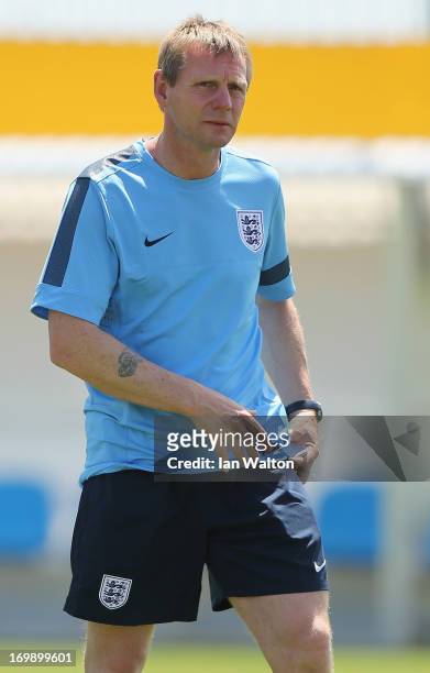 Head coach Stuart Pearce looks on during an England Under-21's training session on June 4, 2013 in Netanya, Israel.