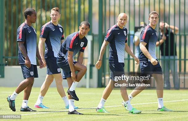 Andre Wisdom, Connor Wickham, Tom Ince, Jonjo Shelvey and Jordan Henderson of England take part in an England Under-21's training session on June 4,...