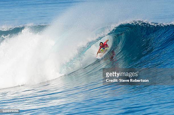 Jordy Smith of South Africa surfs his round one heat at the Volcom Pro Fiji on June 4, 2013 in Tavarua, Fiji.