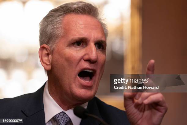 House Speaker Kevin McCarthy speaks with members of the media following passage in the House of a 45-day continuing resolution on September 30, 2023...