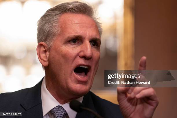 House Speaker Kevin McCarthy speaks with members of the media following passage in the House of a 45-day continuing resolution on September 30, 2023...