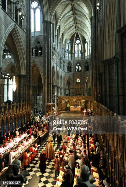 Queen Elizabeth II and members of the Royal family leave Westminster Abbey following the service to celebrate the 60th anniversary of the Coronation...