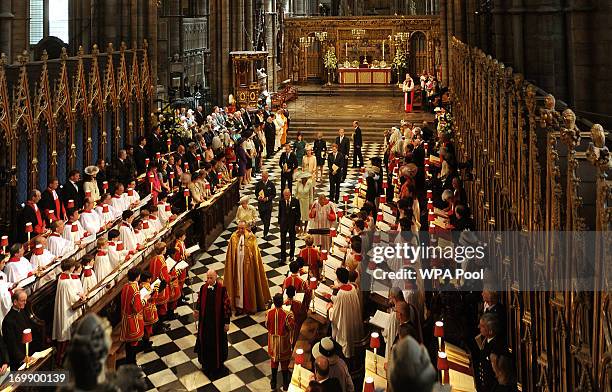 Queen Elizabeth II and members of the Royal family leave Westminster Abbey following the service to celebrate the 60th anniversary of the Coronation...