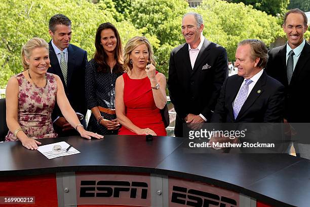 Chris McKendry, Chris Fowler, Mary Joe Fernandez, Brad Gilbert and Darren Cahill watch as Chris Evert is presented with a ring commerating her entry...